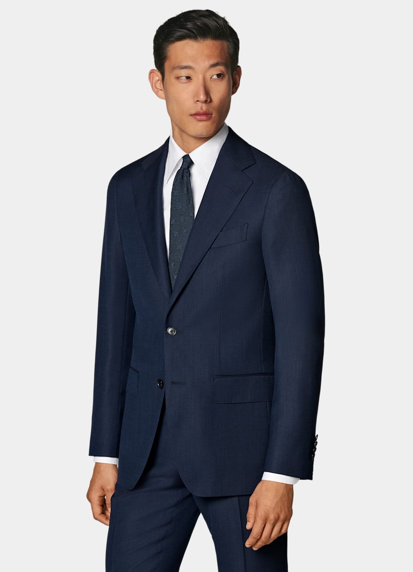 SUITSUPPLY All Season Pura lana S110s de Reda, Italia Traje Perennial Havana azul marino corte Tailored