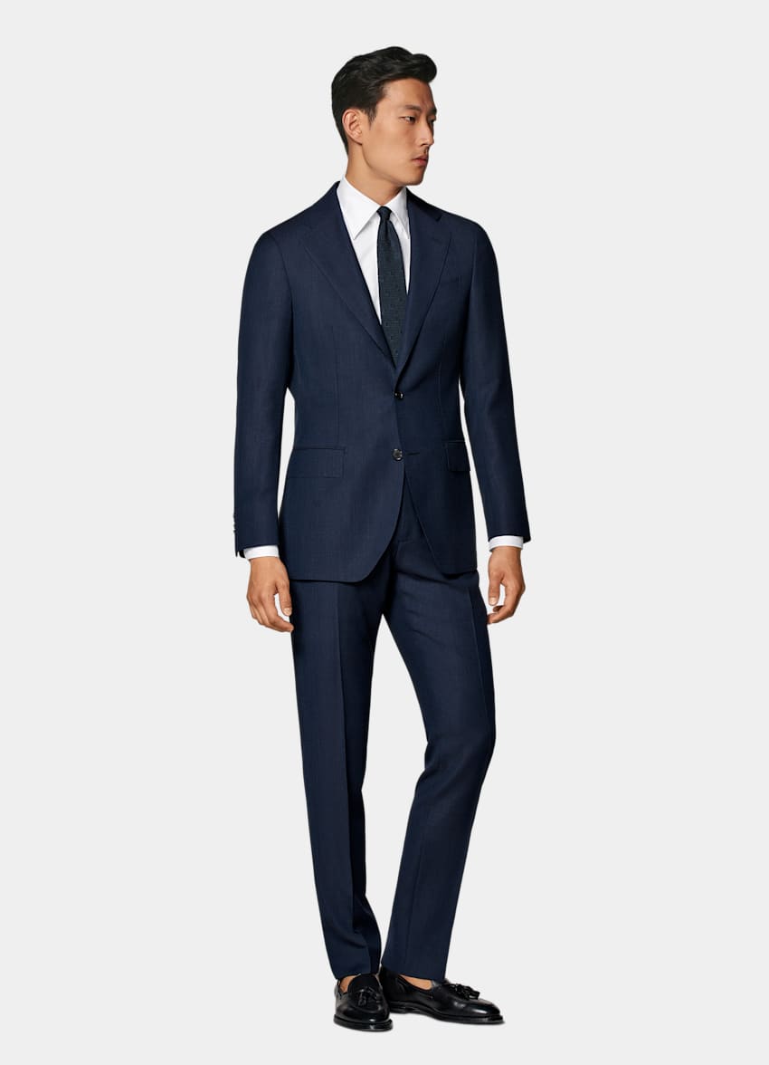 SUITSUPPLY All Season Pura lana S110s de Reda, Italia Traje Perennial Havana azul marino corte Tailored