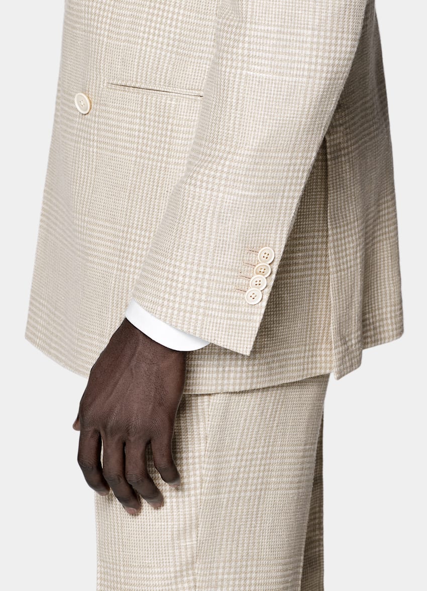SUITSUPPLY Spring/Summer Linen Cotton Silk Wool by Ferla, Italy Sand Checked Tailored Fit Havana Suit
