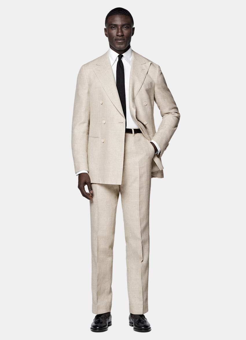 SUITSUPPLY Spring/Summer Linen Cotton Silk Wool by Ferla, Italy Sand Checked Tailored Fit Havana Suit