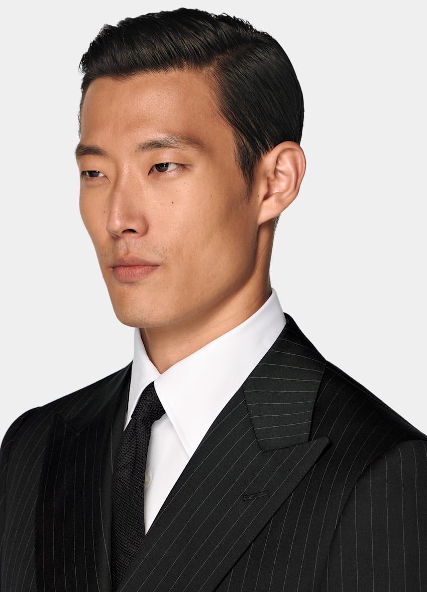 SUITSUPPLY All Season Pure S130's Wool by Drago, Italy Black Striped Tailored Fit Milano Suit