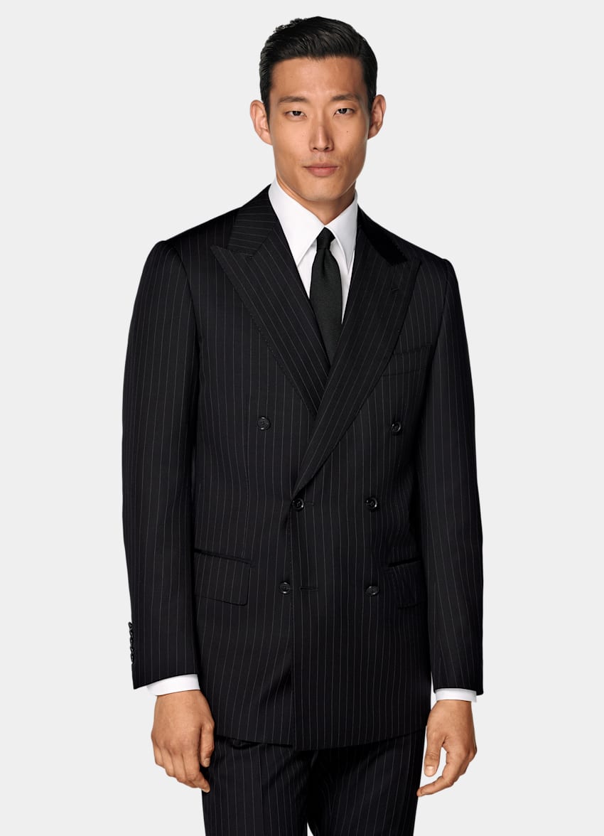 SUITSUPPLY All Season Pure S130's Wool by Drago, Italy Black Striped Tailored Fit Milano Suit