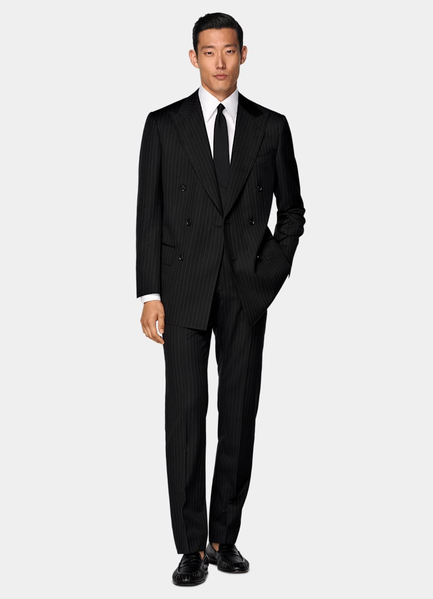 SUITSUPPLY All Season Pure S130's Wool by Drago, Italy Black Striped Tailored Fit Milano Suit