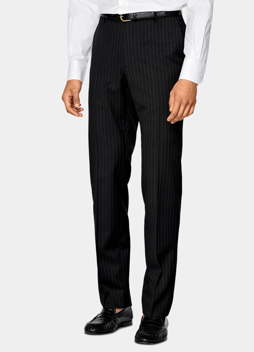 SUITSUPPLY All Season Pure S130's Wool by Drago, Italy Black Striped Tailored Fit Milano Suit
