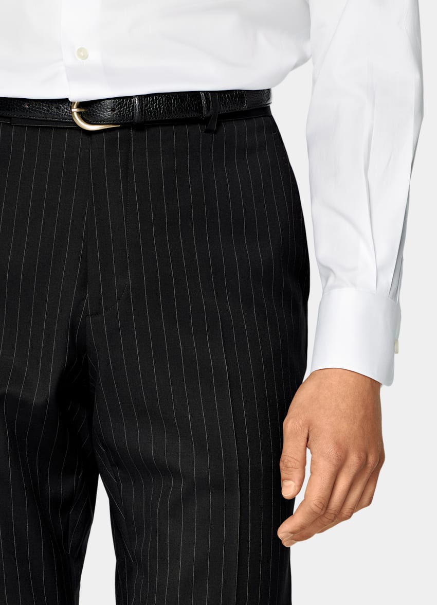 SUITSUPPLY All Season Pure S130's Wool by Drago, Italy Black Striped Tailored Fit Milano Suit