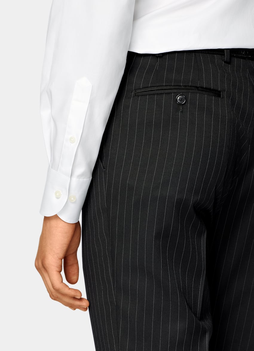 SUITSUPPLY All Season Pure S130's Wool by Drago, Italy Black Striped Tailored Fit Milano Suit