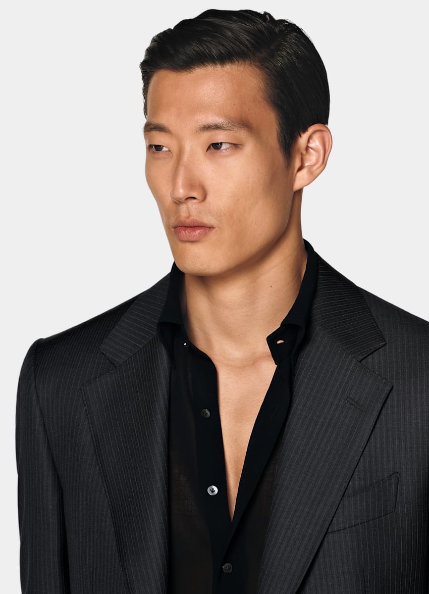 SUITSUPPLY All Season Pure Wool by Delfino, Italy Dark Grey Striped Tailored Fit Milano Suit