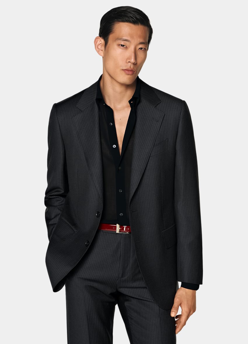 SUITSUPPLY All Season Pure Wool by Delfino, Italy Dark Grey Striped Tailored Fit Milano Suit