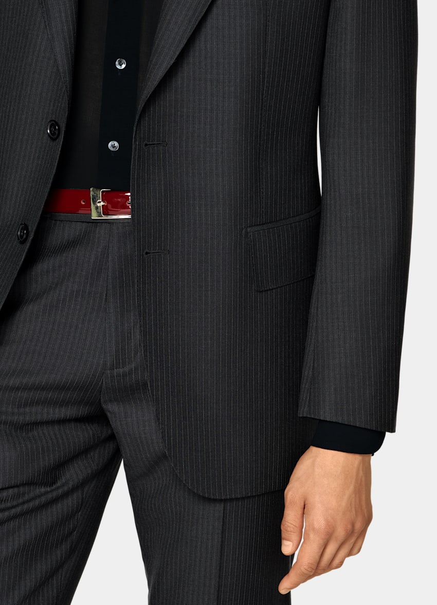 SUITSUPPLY All Season Pure Wool by Delfino, Italy Dark Grey Striped Tailored Fit Milano Suit