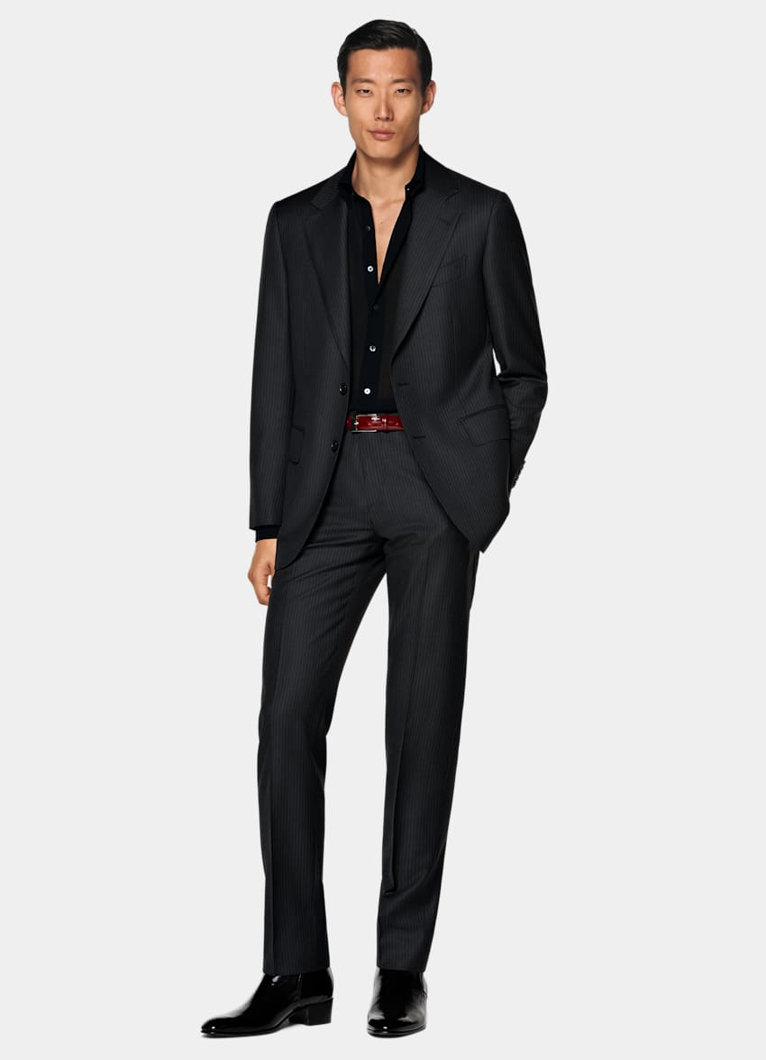 SUITSUPPLY All Season Pure Wool by Delfino, Italy Dark Grey Striped Tailored Fit Milano Suit