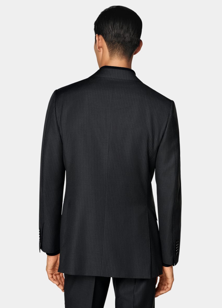 SUITSUPPLY All Season Pure Wool by Delfino, Italy Dark Grey Striped Tailored Fit Milano Suit