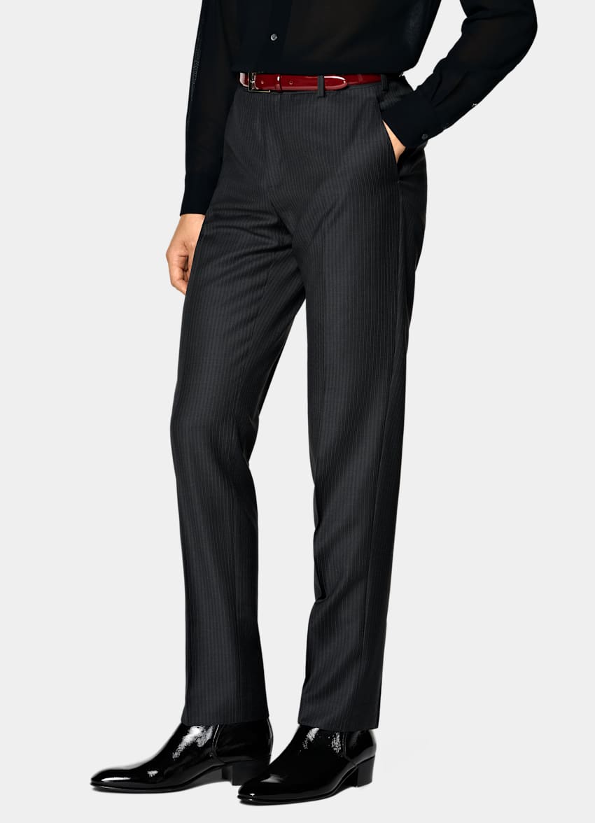 SUITSUPPLY All Season Pure Wool by Delfino, Italy Dark Grey Striped Tailored Fit Milano Suit