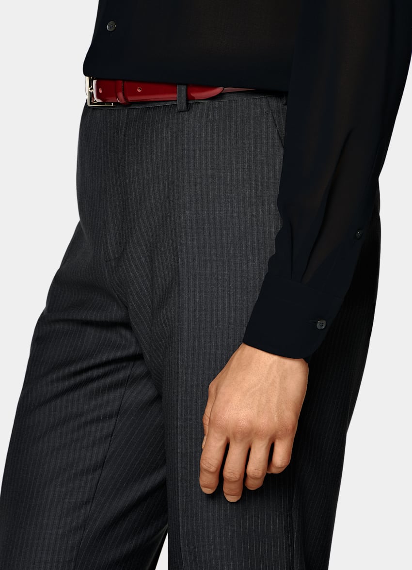 SUITSUPPLY All Season Pure Wool by Delfino, Italy Dark Grey Striped Tailored Fit Milano Suit