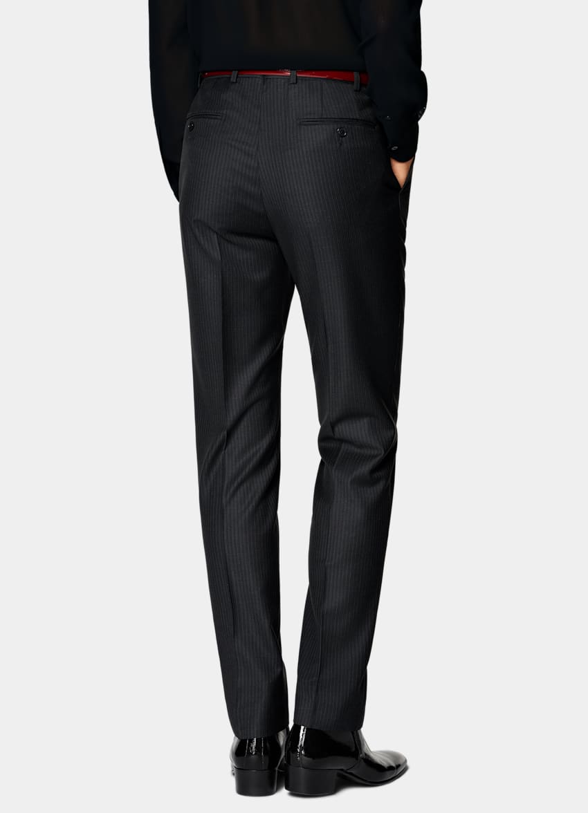 SUITSUPPLY All Season Pure Wool by Delfino, Italy Dark Grey Striped Tailored Fit Milano Suit