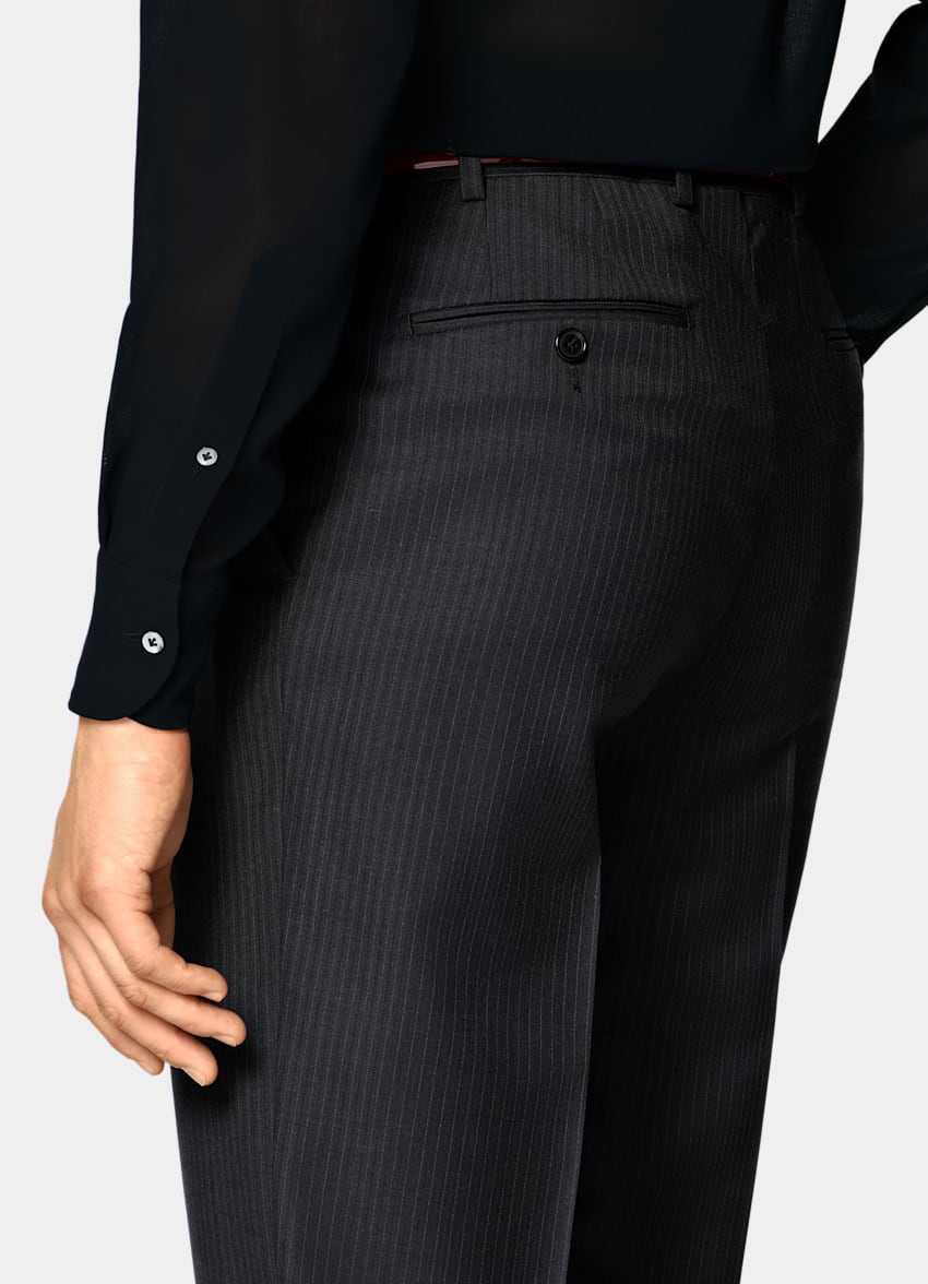 SUITSUPPLY All Season Pure Wool by Delfino, Italy Dark Grey Striped Tailored Fit Milano Suit