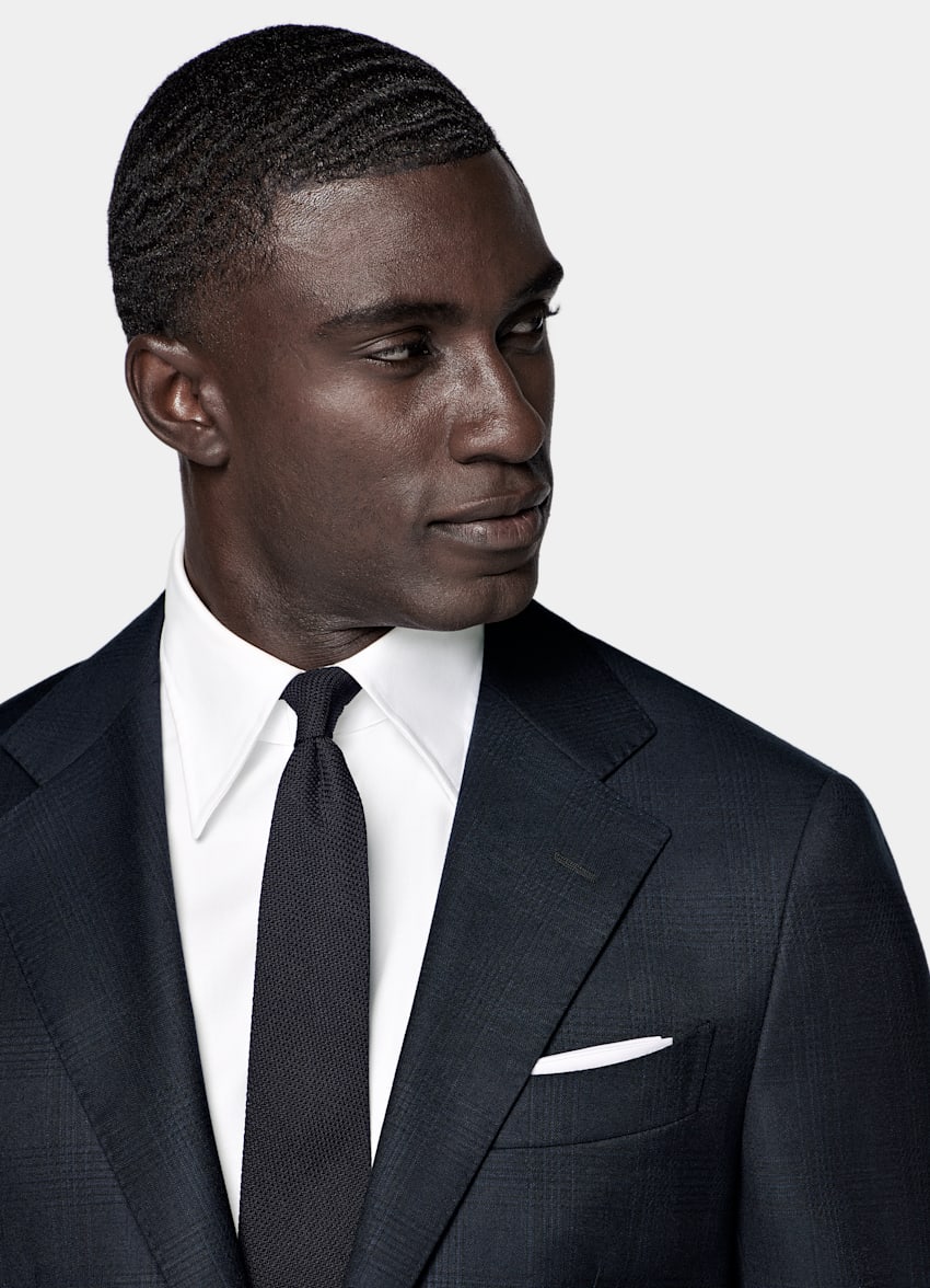 SUITSUPPLY All Season Lana de 4 cabos sin arrugas de Lanificio Ermenegildo Zegna, Italia Traje Havana azul marino a cuadros corte Tailored