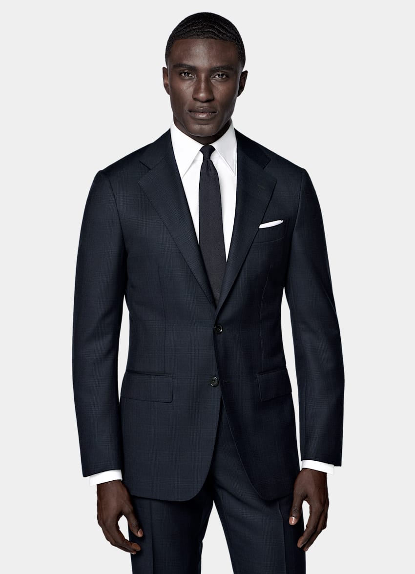 SUITSUPPLY All Season Lana de 4 cabos sin arrugas de Lanificio Ermenegildo Zegna, Italia Traje Havana azul marino a cuadros corte Tailored