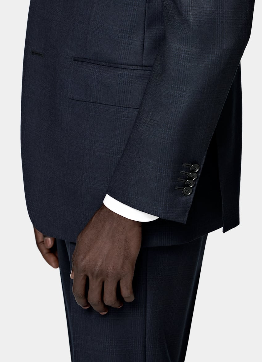 SUITSUPPLY All Season Lana de 4 cabos sin arrugas de Lanificio Ermenegildo Zegna, Italia Traje Havana azul marino a cuadros corte Tailored