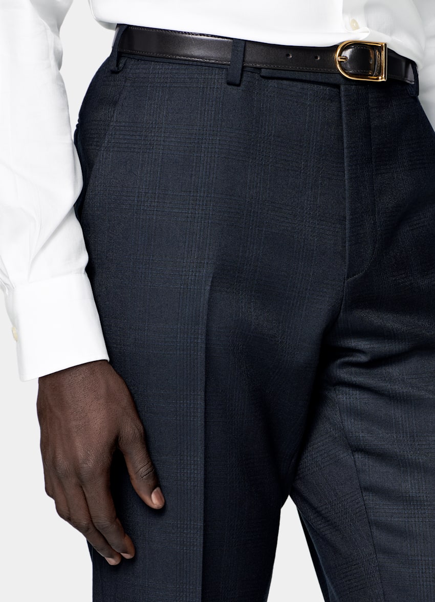 SUITSUPPLY All Season Lana de 4 cabos sin arrugas de Lanificio Ermenegildo Zegna, Italia Traje Havana azul marino a cuadros corte Tailored