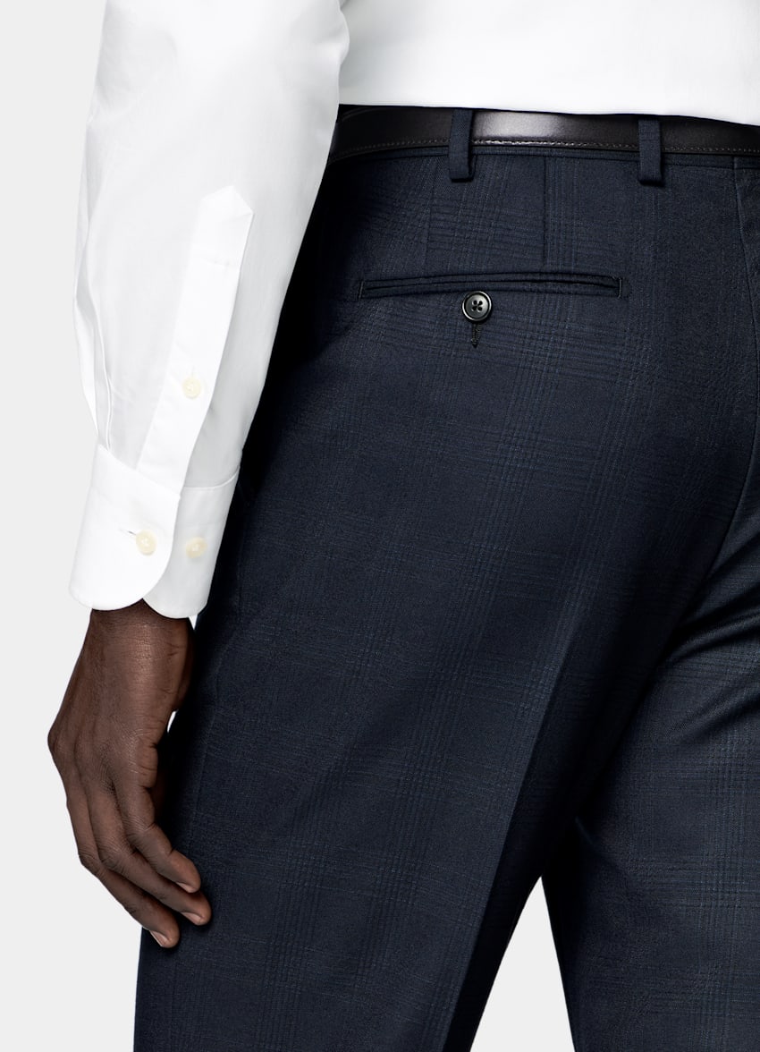 SUITSUPPLY All Season Lana de 4 cabos sin arrugas de Lanificio Ermenegildo Zegna, Italia Traje Havana azul marino a cuadros corte Tailored