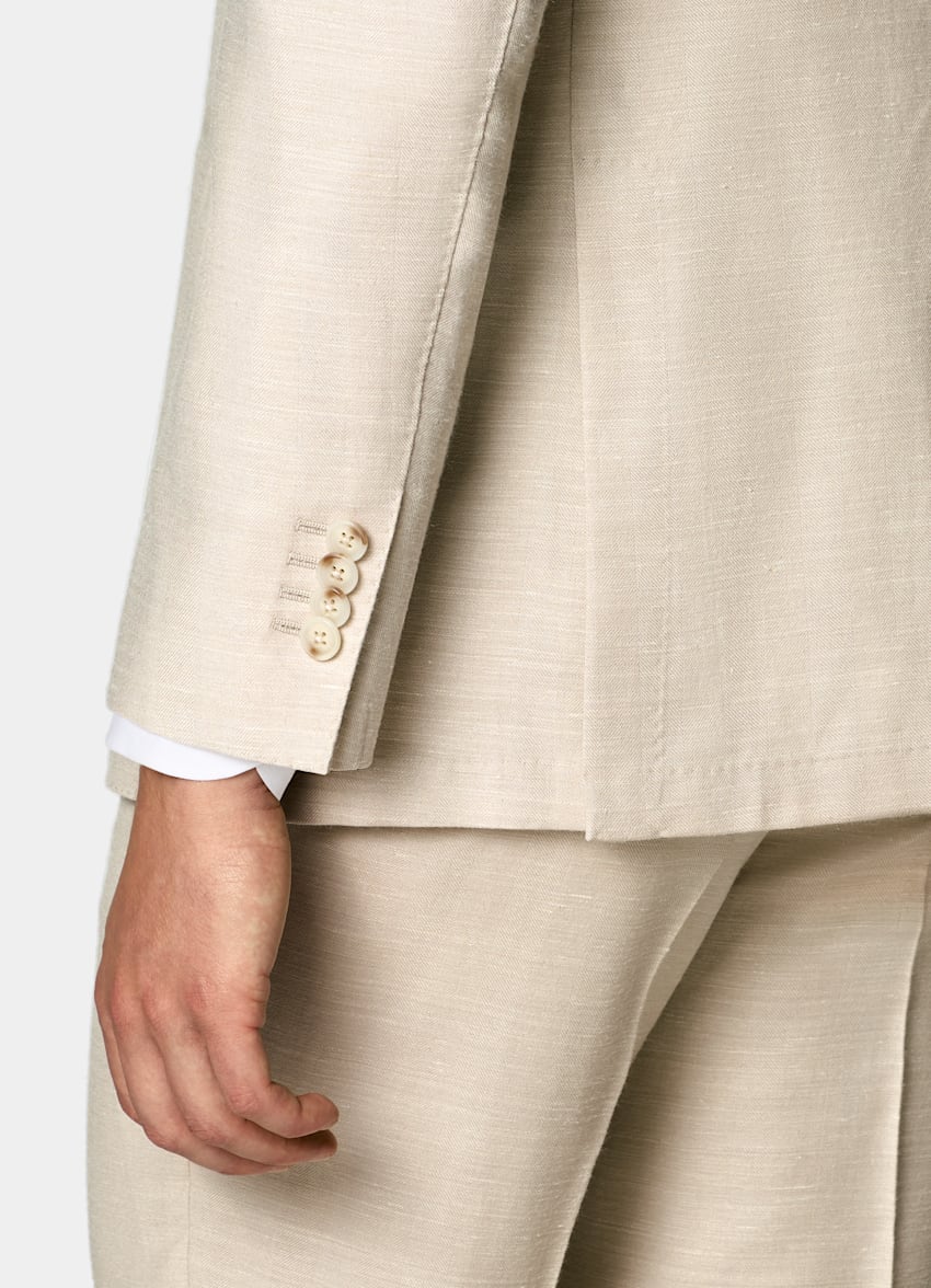 SUITSUPPLY Summer Wool Silk Linen by E.Thomas, Italy Sand Herringbone Tailored Fit Havana Suit