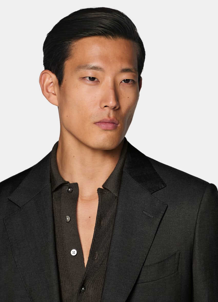 SUITSUPPLY Summer Wool Silk Linen by E.Thomas, Italy Dark Brown Herringbone Tailored Fit Milano Suit