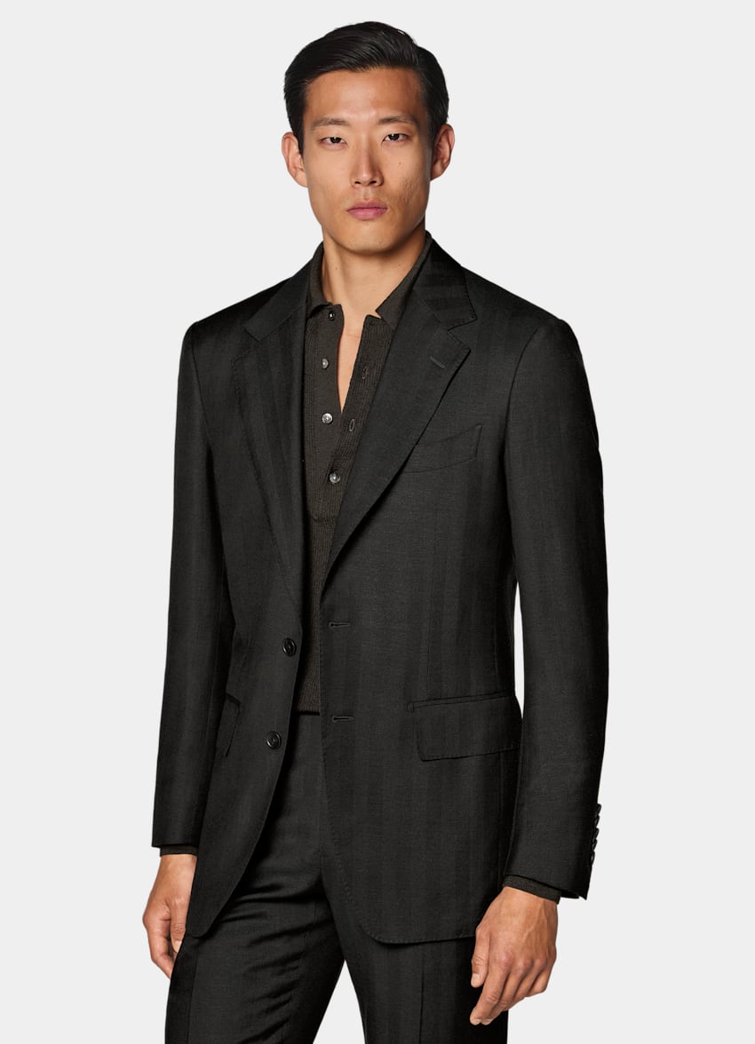 SUITSUPPLY Summer Wool Silk Linen by E.Thomas, Italy Dark Brown Herringbone Tailored Fit Milano Suit