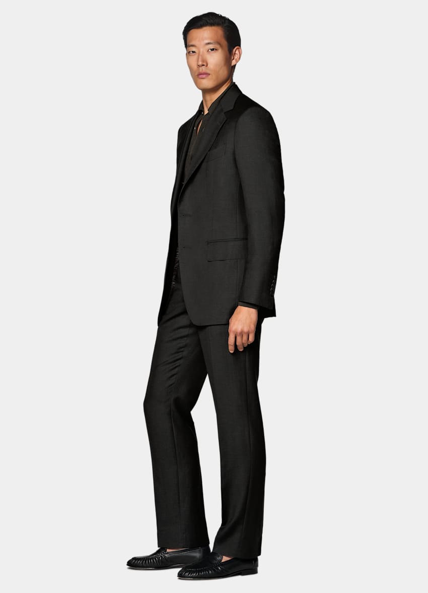 SUITSUPPLY Summer Wool Silk Linen by E.Thomas, Italy Dark Brown Herringbone Tailored Fit Milano Suit