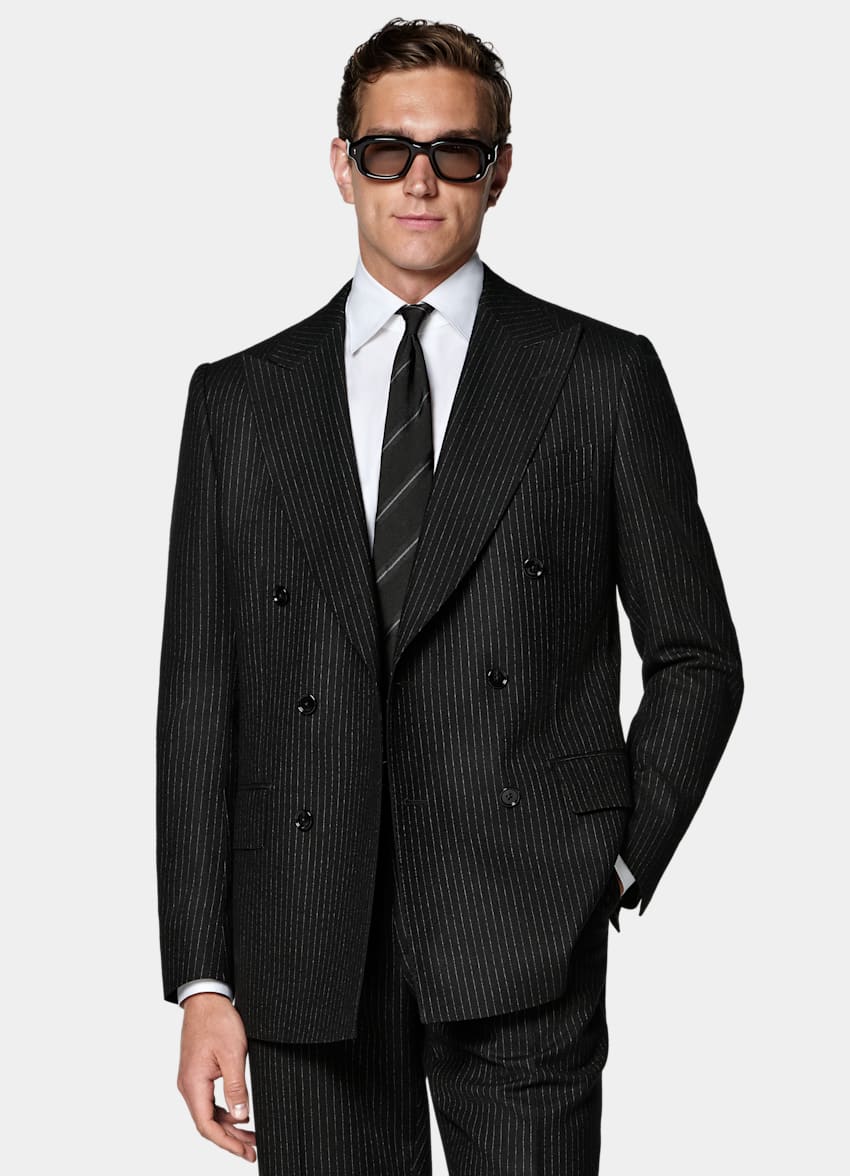SUITSUPPLY Winter Pure Wool by Savile Clifford, United Kingdom Black Striped Tailored Fit Milano Suit