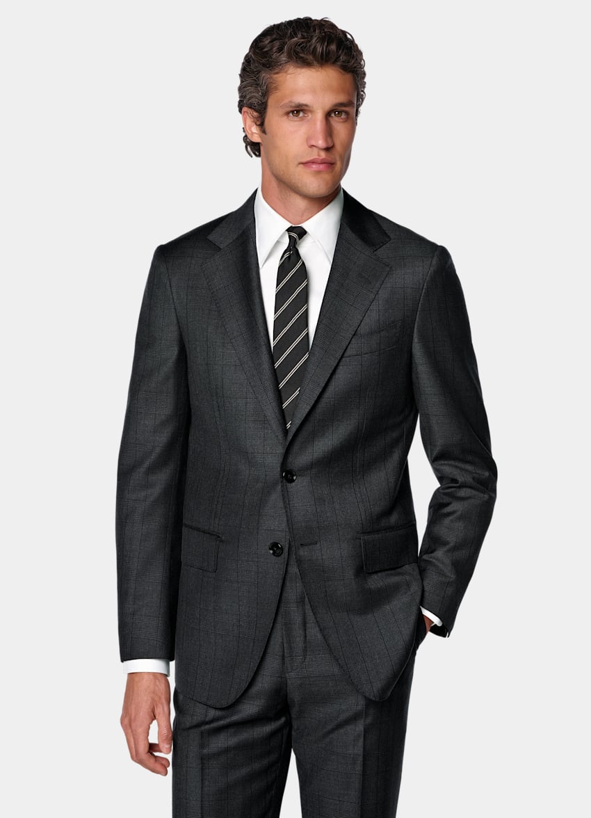 SUITSUPPLY All Season Wrinkle-Free Wool by Lanificio Ermenegildo Zegna, Italy Dark Grey Checked Tailored Fit Havana Suit