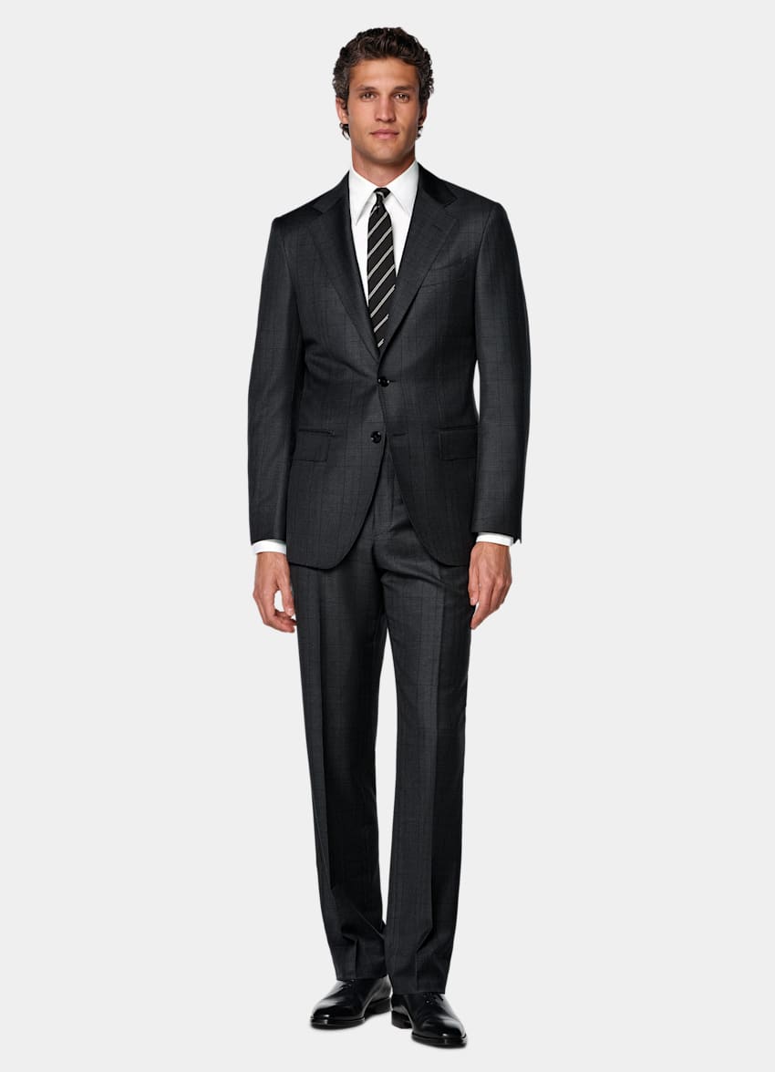 SUITSUPPLY All Season Wrinkle-Free Wool by Lanificio Ermenegildo Zegna, Italy Dark Grey Checked Tailored Fit Havana Suit