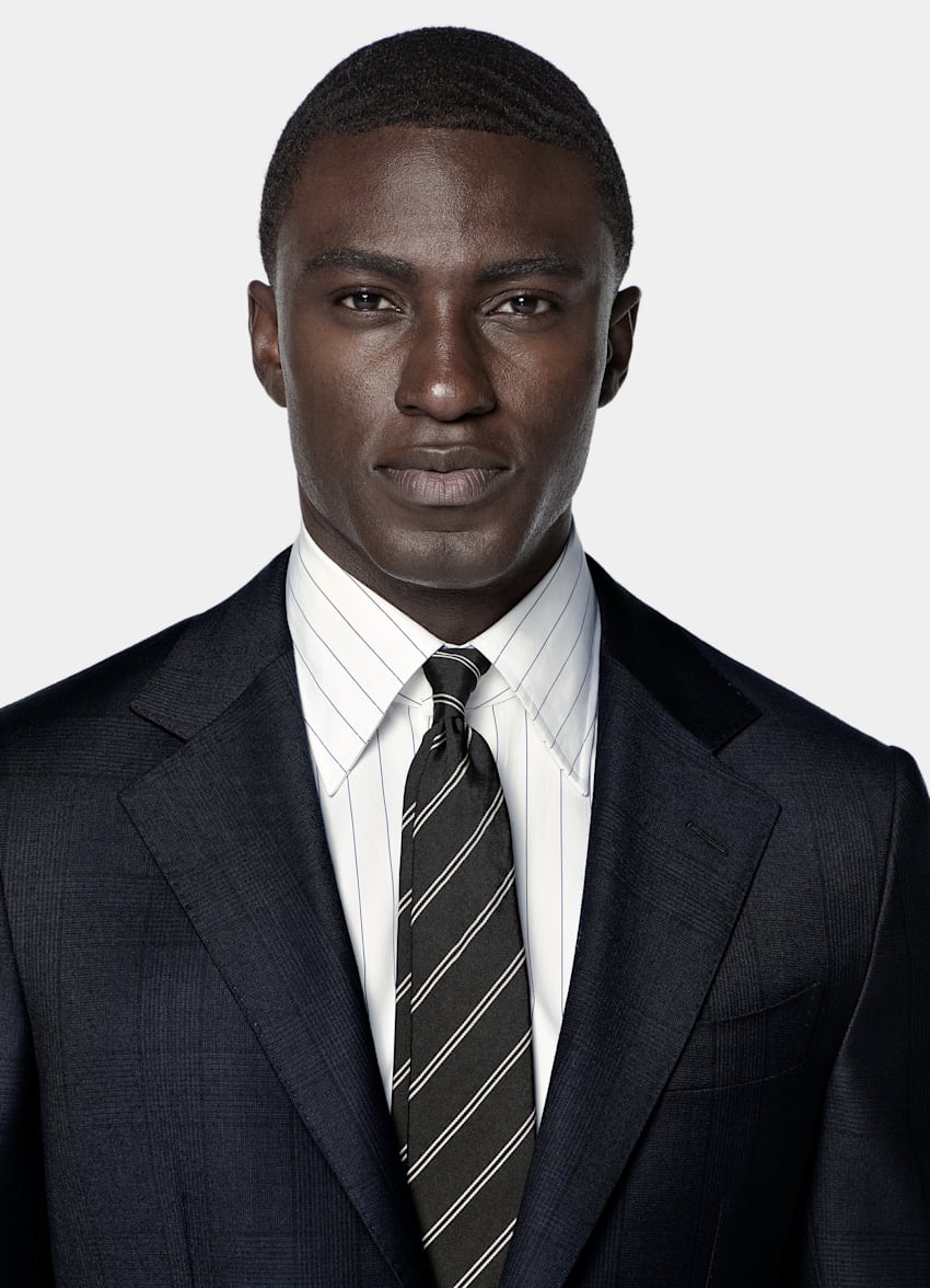 SUITSUPPLY All Season Wrinkle-Free Wool by Lanificio Ermenegildo Zegna, Italy Navy Checked Tailored Fit Havana Suit