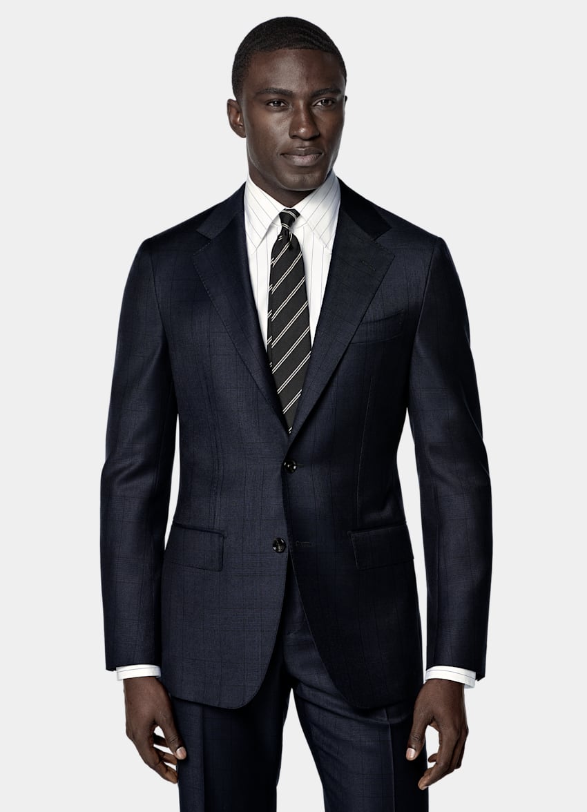 SUITSUPPLY All Season Wrinkle-Free Wool by Lanificio Ermenegildo Zegna, Italy Navy Checked Tailored Fit Havana Suit