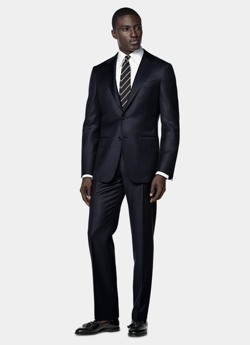 SUITSUPPLY All Season Wrinkle-Free Wool by Lanificio Ermenegildo Zegna, Italy Navy Checked Tailored Fit Havana Suit