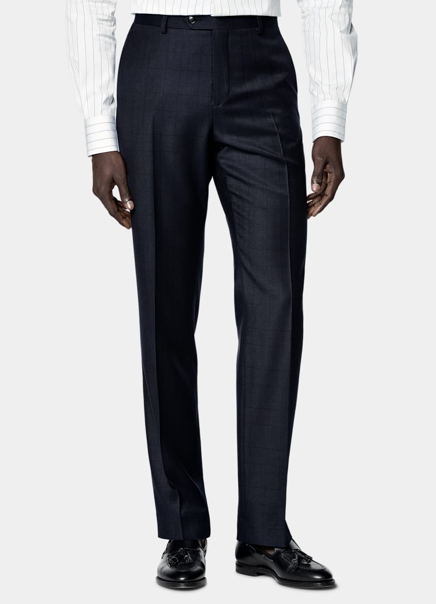 SUITSUPPLY All Season Wrinkle-Free Wool by Lanificio Ermenegildo Zegna, Italy Navy Checked Tailored Fit Havana Suit
