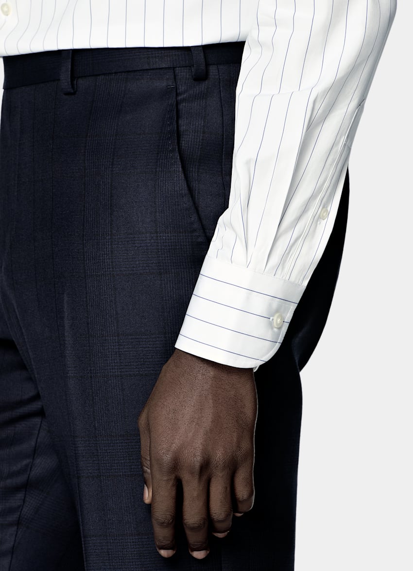 SUITSUPPLY All Season Wrinkle-Free Wool by Lanificio Ermenegildo Zegna, Italy Navy Checked Tailored Fit Havana Suit