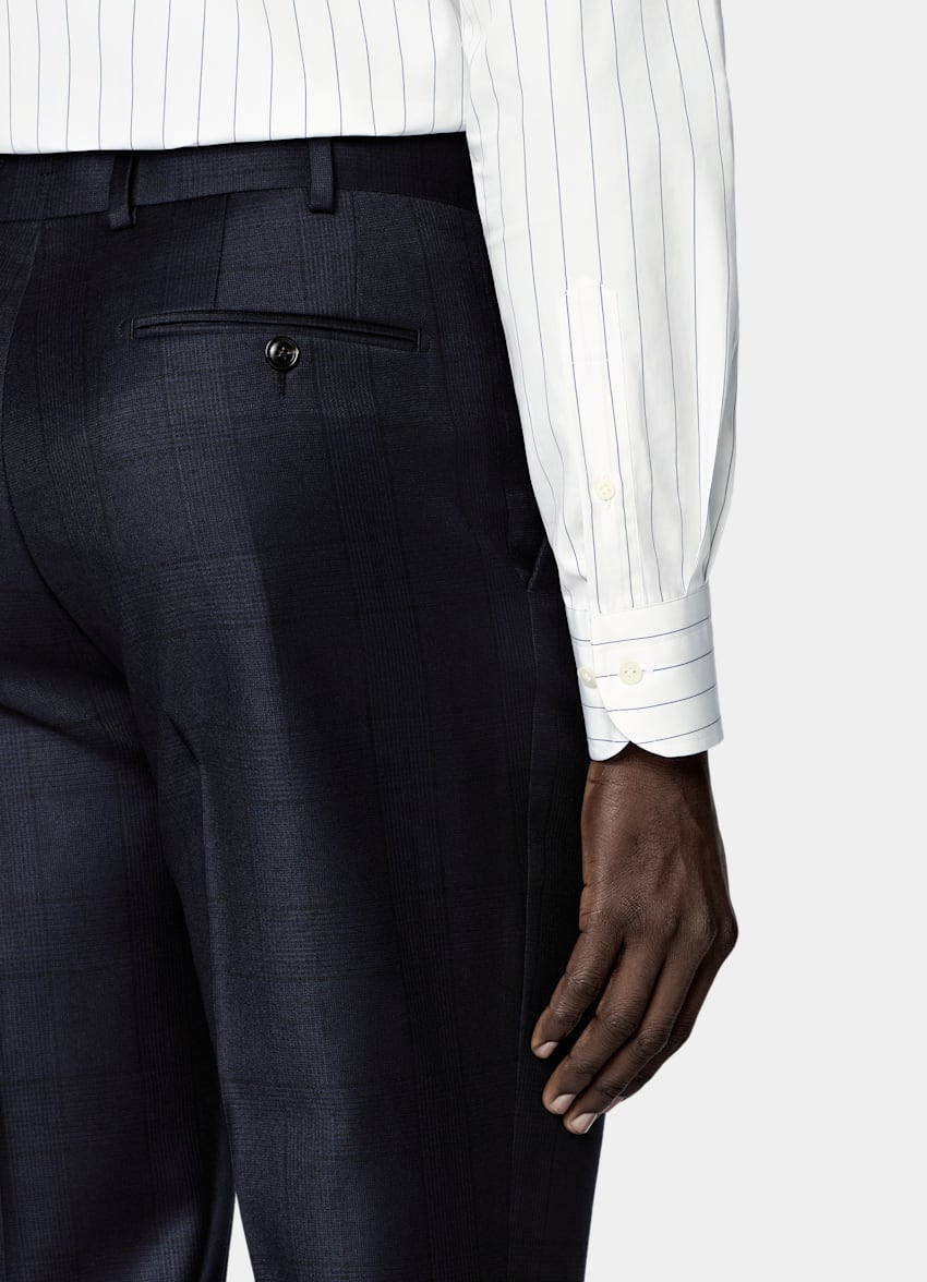 SUITSUPPLY All Season Wrinkle-Free Wool by Lanificio Ermenegildo Zegna, Italy Navy Checked Tailored Fit Havana Suit
