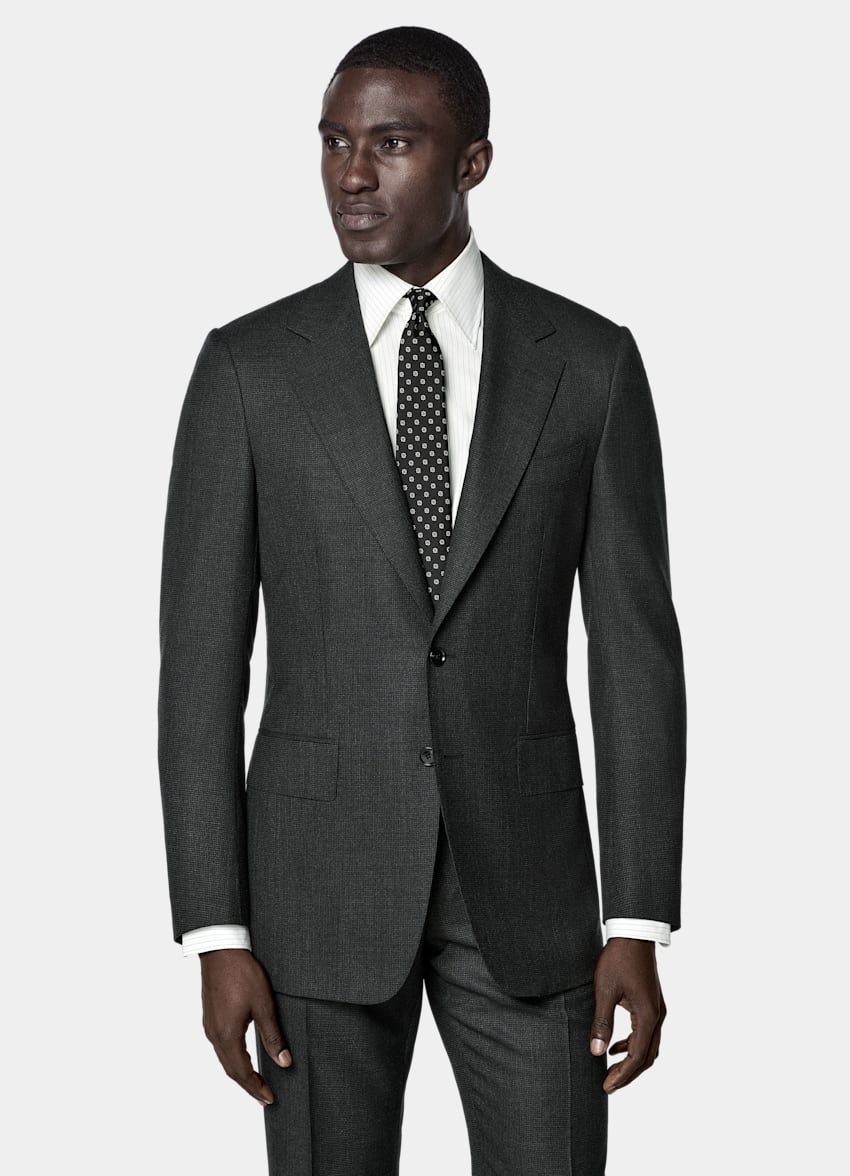 SUITSUPPLY All Season Pure S150's Wool by E.Thomas, Italy Dark Grey Checked Tailored Fit Milano Suit