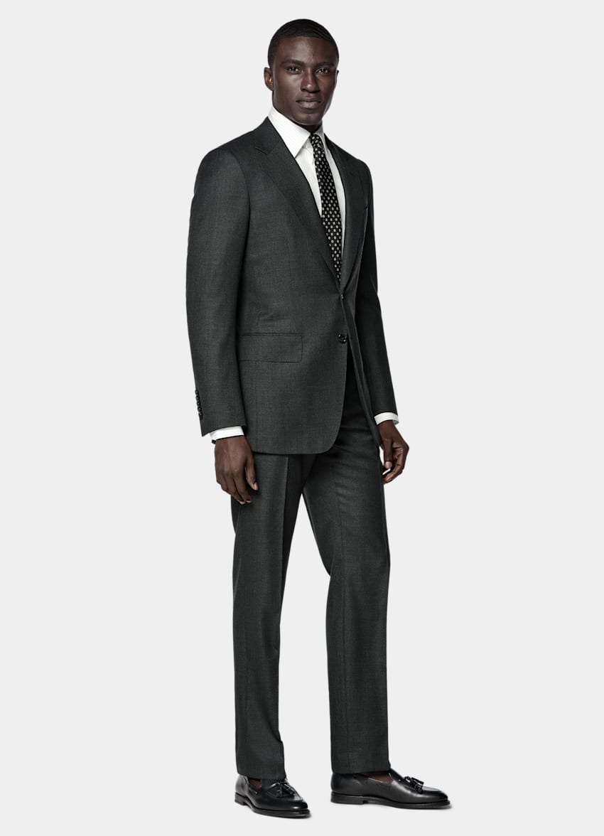 SUITSUPPLY All Season Pure S150's Wool by E.Thomas, Italy Dark Grey Checked Tailored Fit Milano Suit