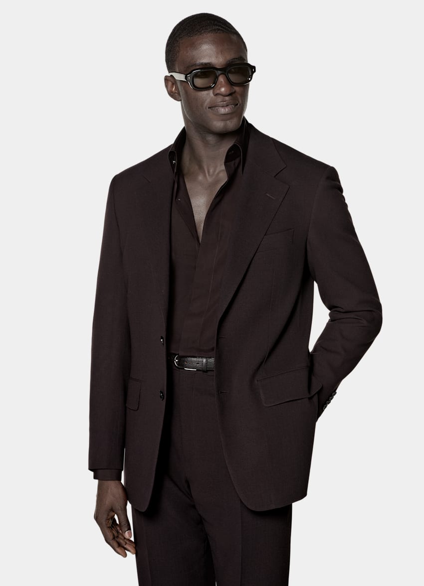 SUITSUPPLY All Season Pure Wool by Botto Giuseppe, Italy Dark Red Relaxed Fit Roma Suit