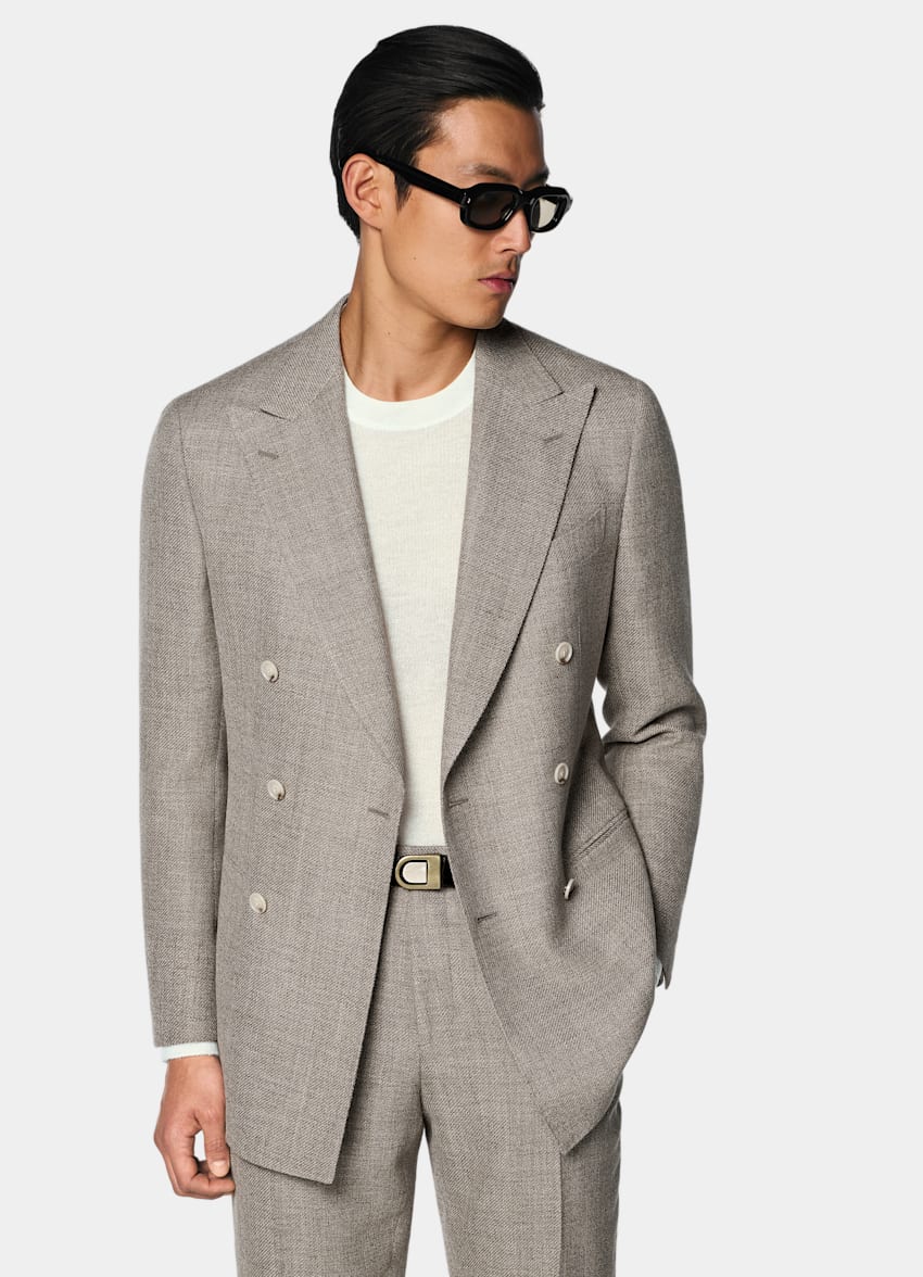 SUITSUPPLY Summer Wool Alpaca Linen by Ferla, Italy Light Taupe Tailored Fit Havana Suit