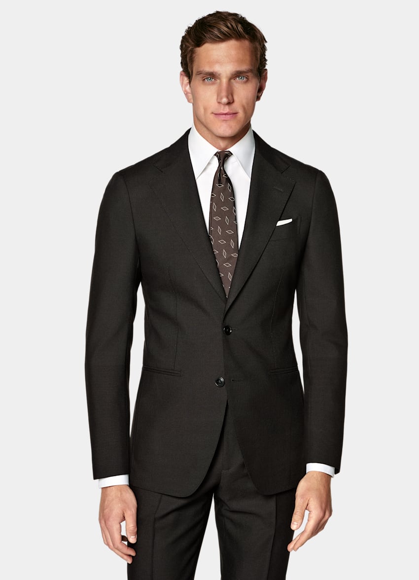 SUITSUPPLY All Season Wrinkle-Free Wool par Rogna, Italie Dark Brown Houndstooth Tailored Fit Havana Suit