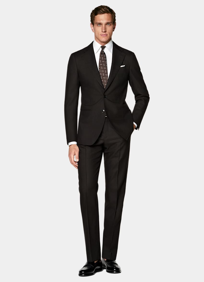 SUITSUPPLY All Season Wrinkle-Free Wool par Rogna, Italie Dark Brown Houndstooth Tailored Fit Havana Suit