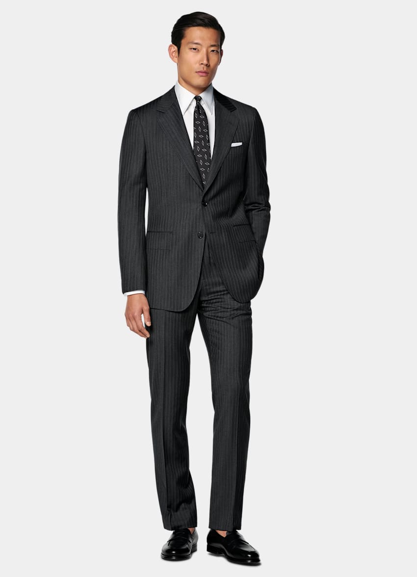 SUITSUPPLY Pura lana S130s de Carlo Barbera, Italia Traje Havana gris oscuro a rayas corte Tailored