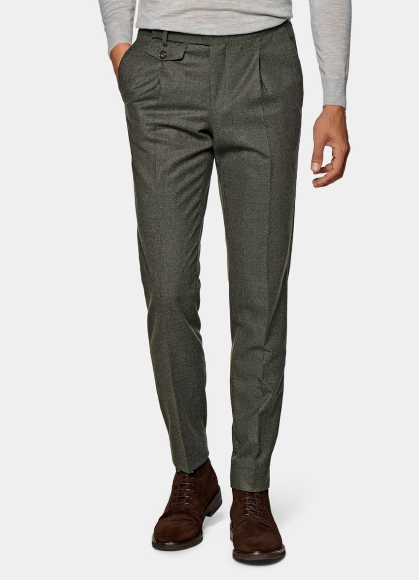 Mid Green Pleated Brentwood Trousers | Pure S120's Wool Flannel ...