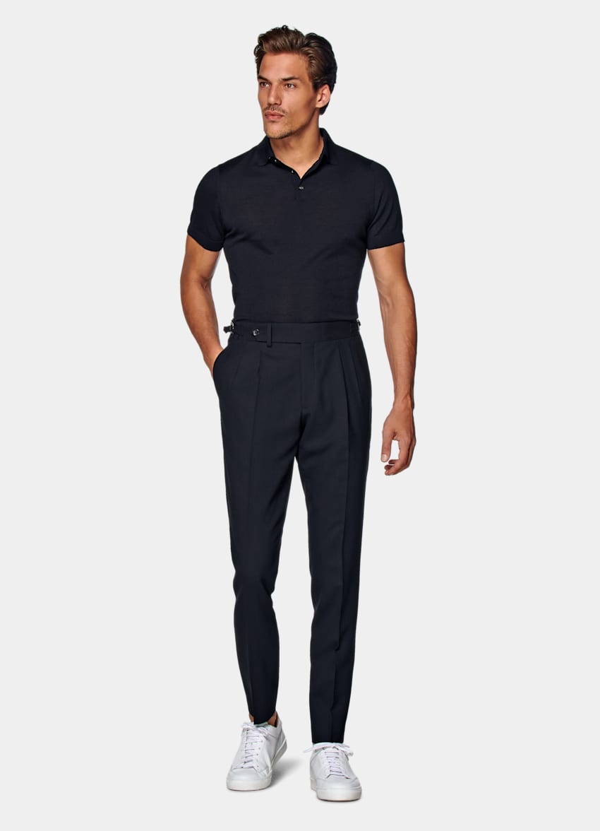 mens navy pleated trousers