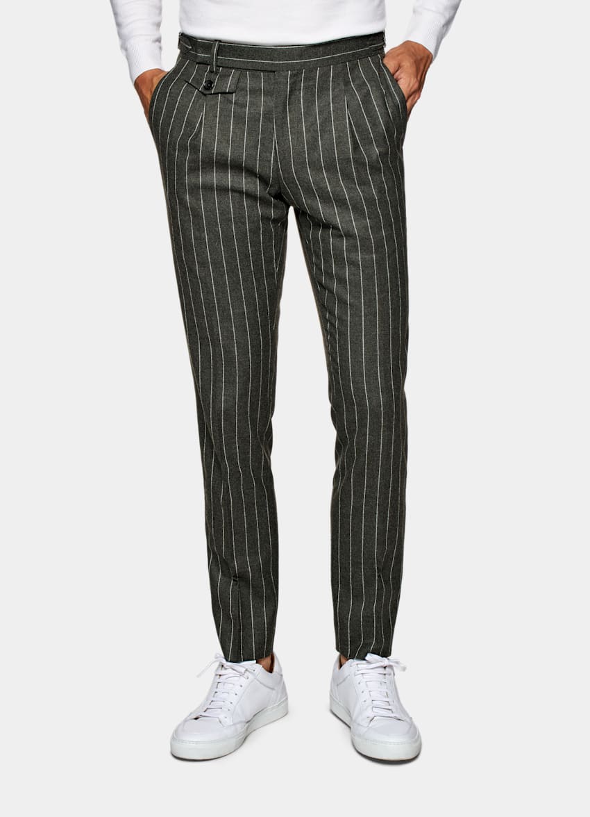 Mid Green Pleated Brentwood Trousers | Pure Wool Flannel S120's ...