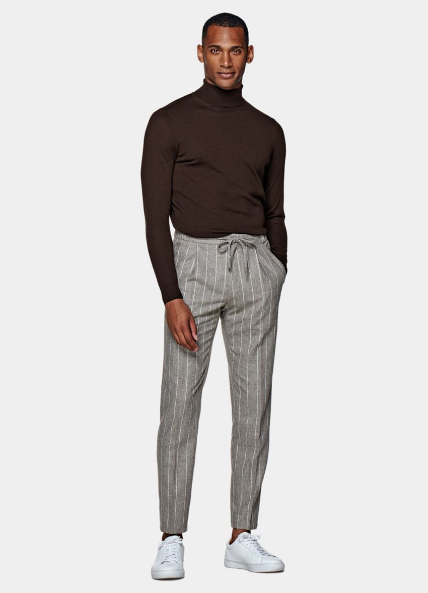 Light Grey Striped Drawstring Ames Trousers | Circular Wool Flannel ...
