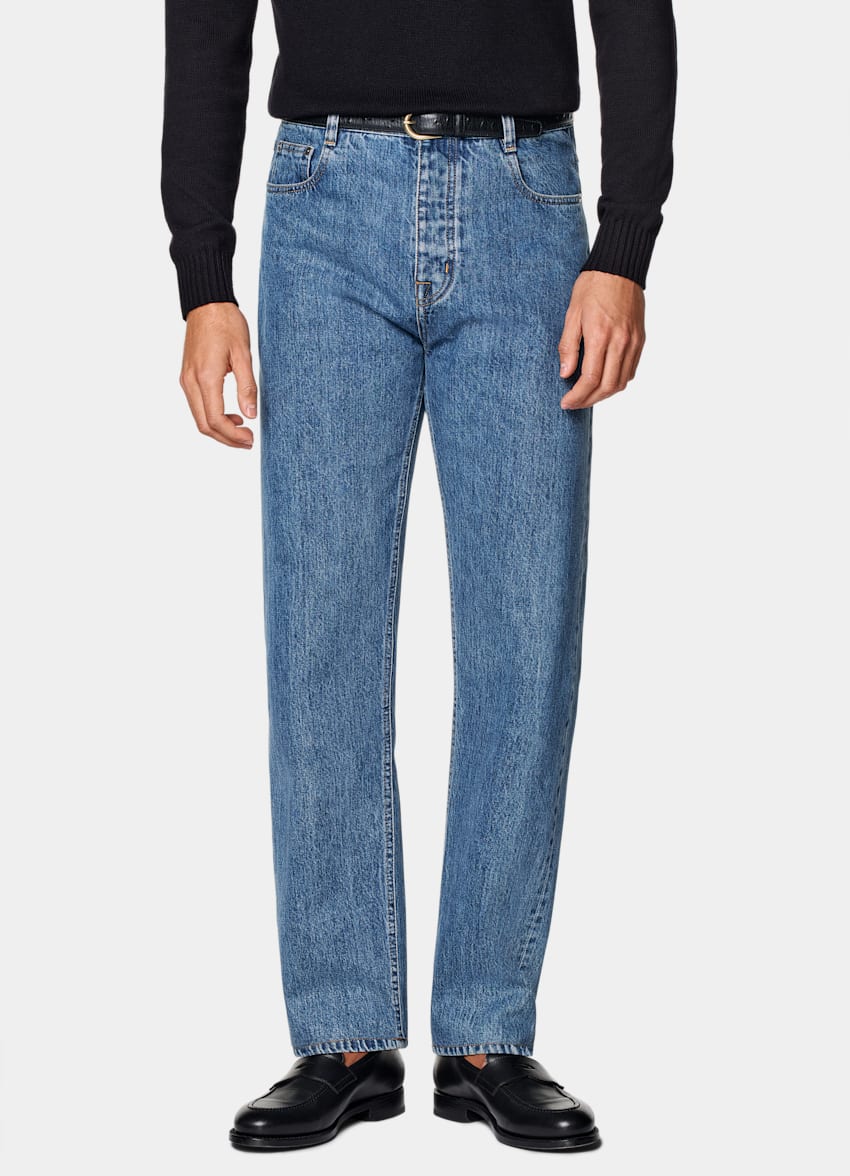 SUITSUPPLY All Season Selvedge Denim by Candiani, Italy Mid Blue Straight Leg Jeans