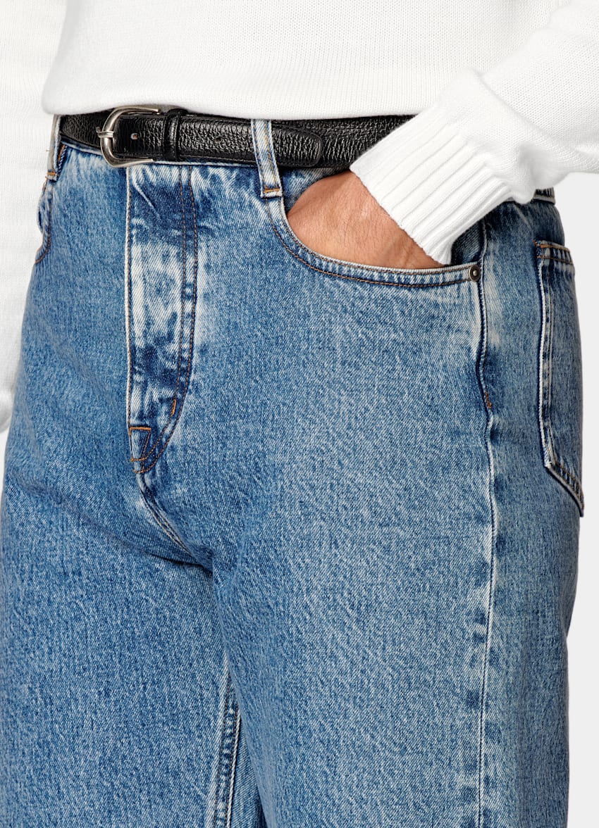 SUITSUPPLY All Season Selvedge Denim by Candiani, Italy Mid Blue Washed Straight Leg Jeans
